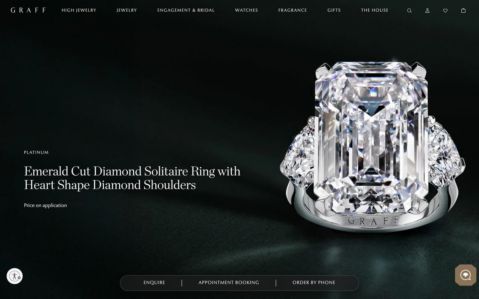 Graff high jewellery ring page with Price on application and a fixed Enquire, Appointment Booking and Order by Phone bar