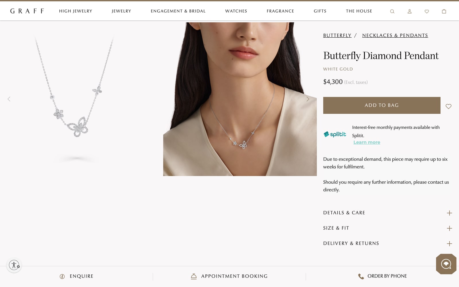 Graff Butterfly diamond pendant at $4,300 with an Add to Bag button in the brand bronze colour