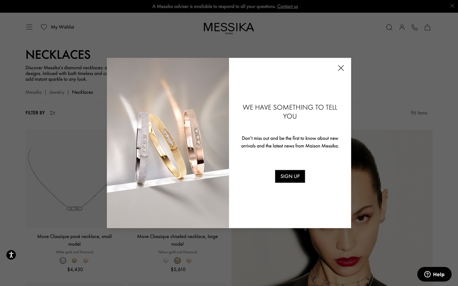 Messika necklaces category page covered by a newsletter sign-up pop-up