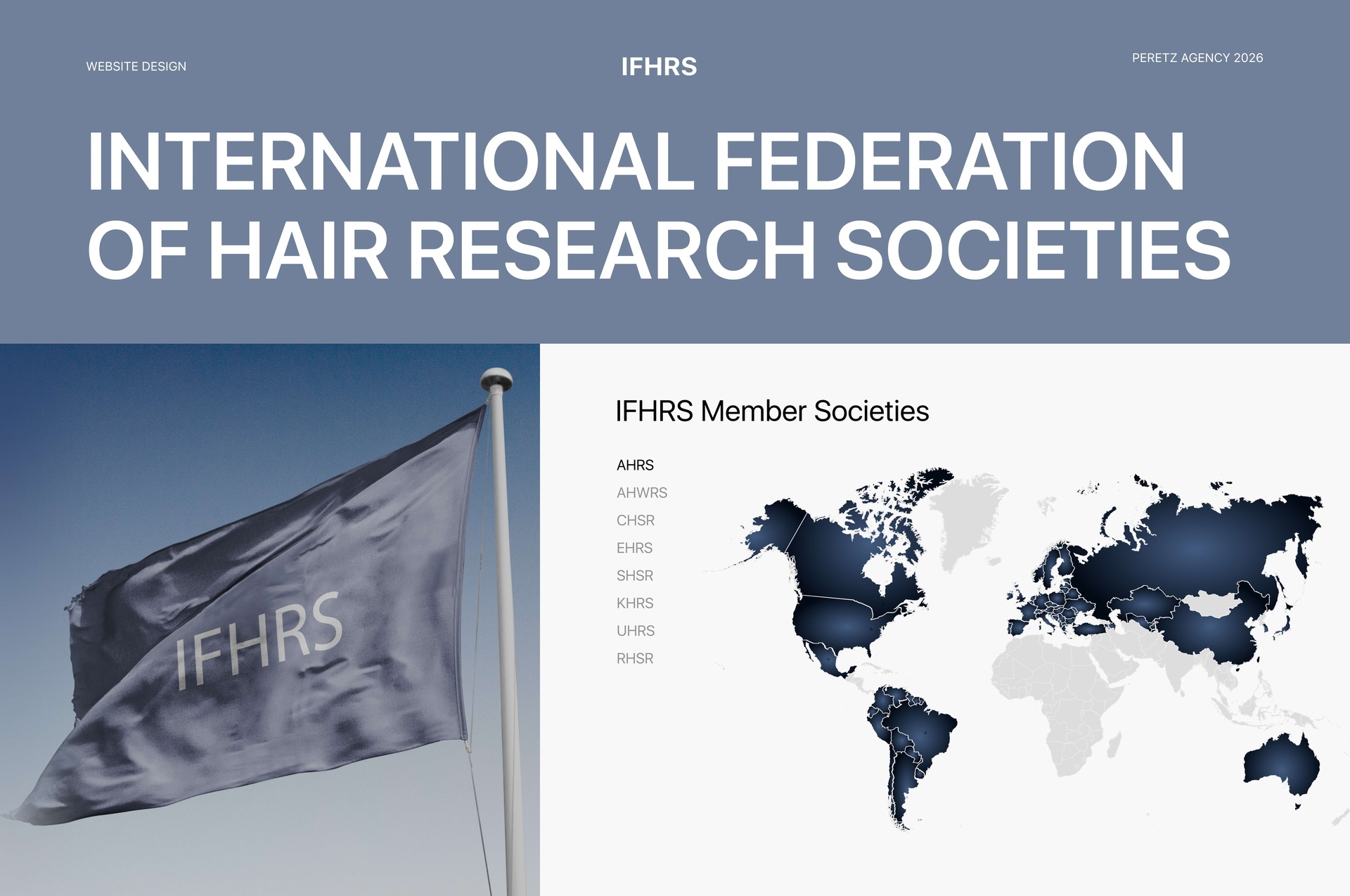 IFHRS website title, federation flag and member societies world map