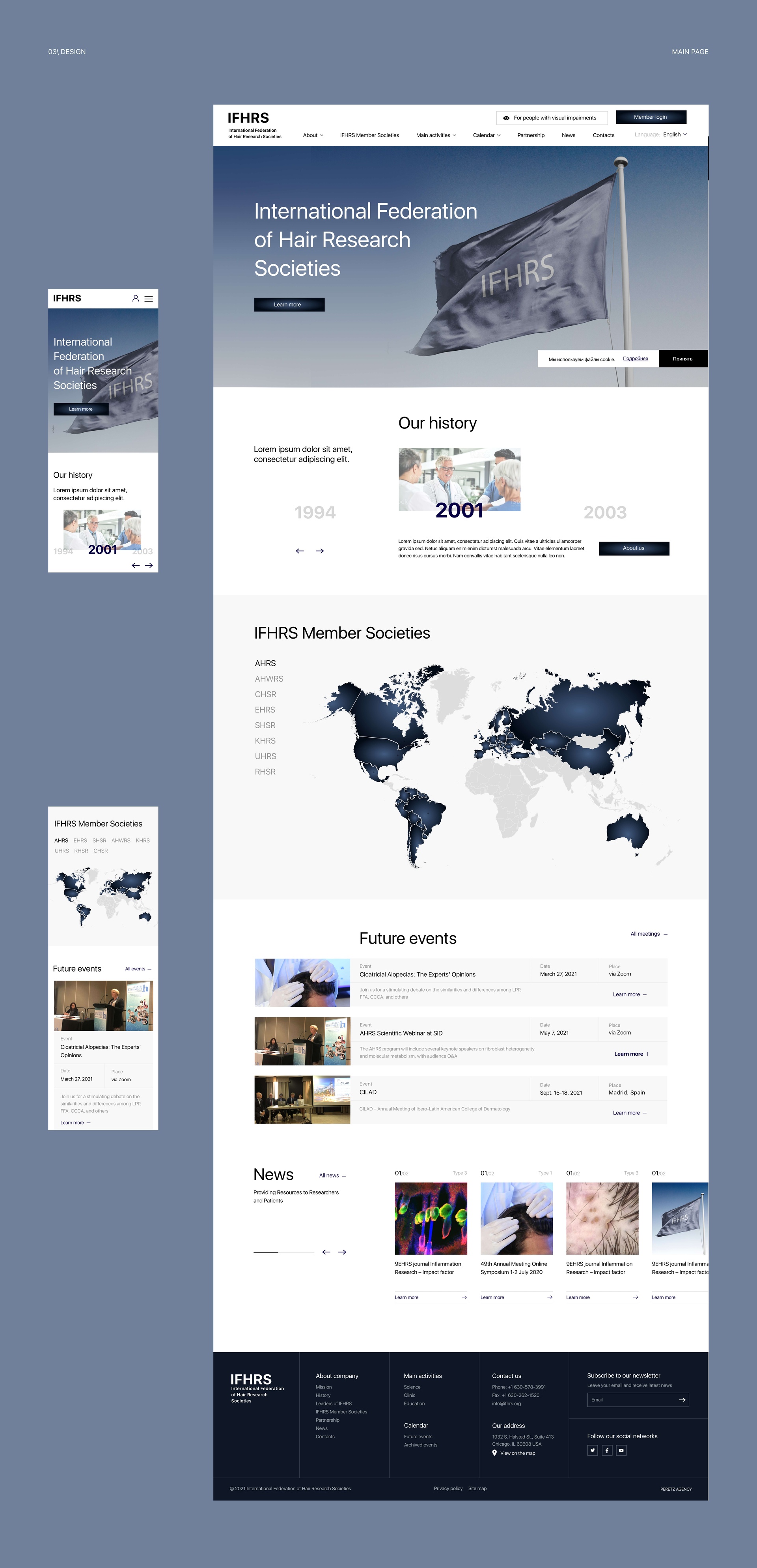 IFHRS home page design on desktop and mobile with history, events and news