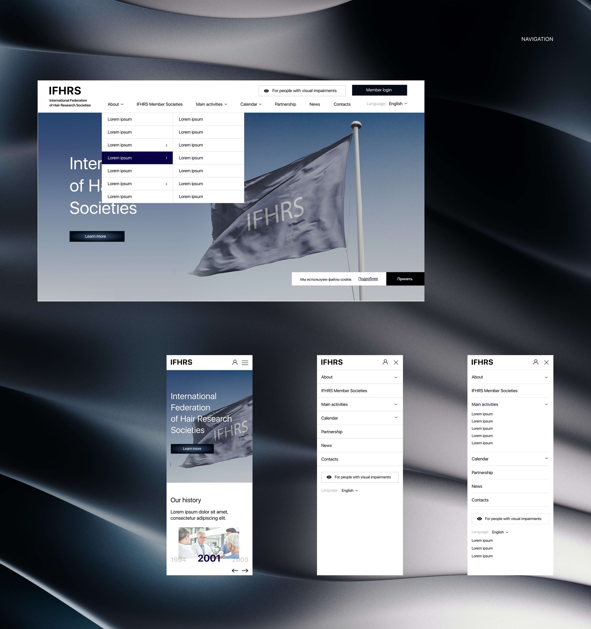 IFHRS website navigation: desktop dropdown menu and mobile menu screens
