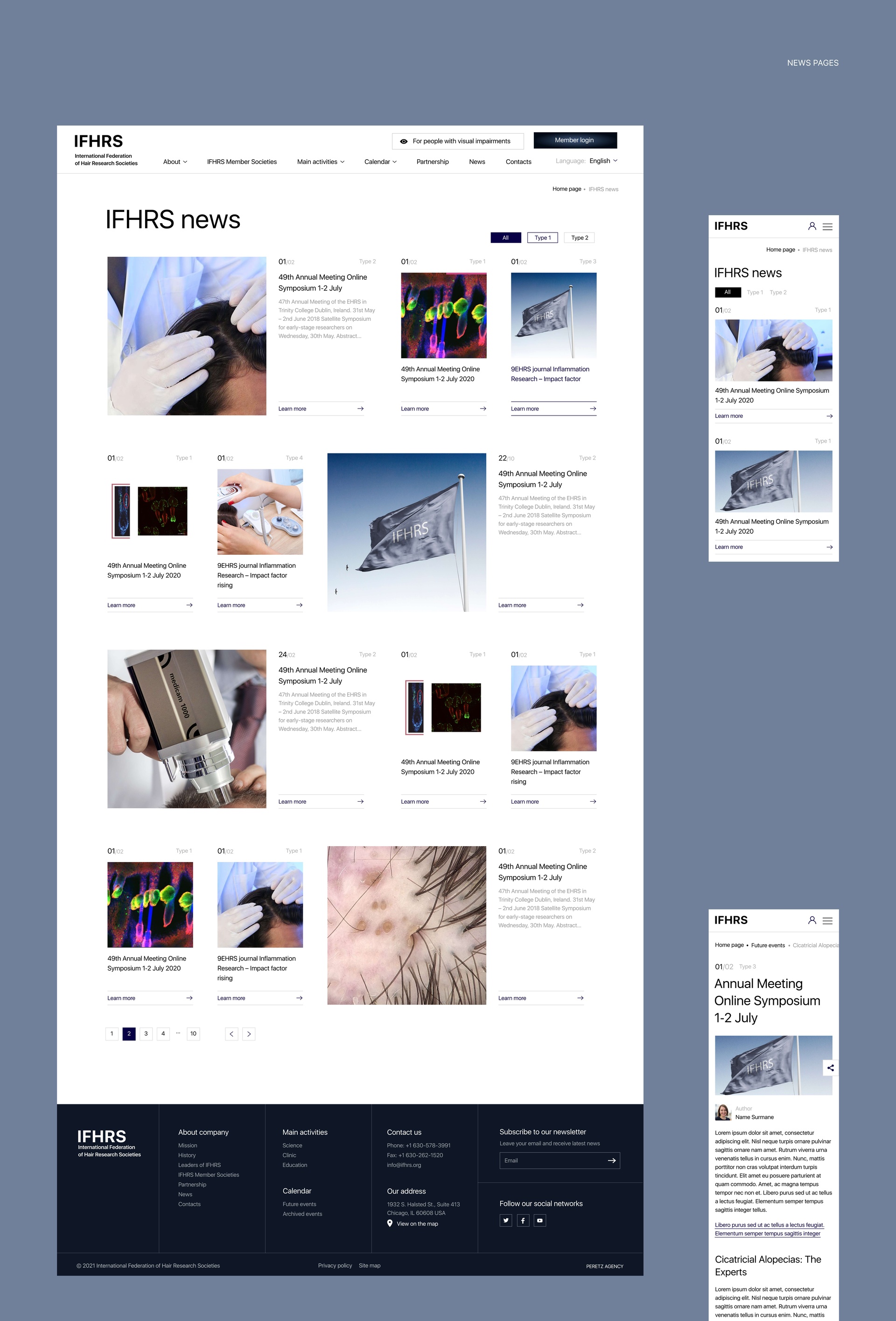 IFHRS news page with filters and article cards, desktop and mobile