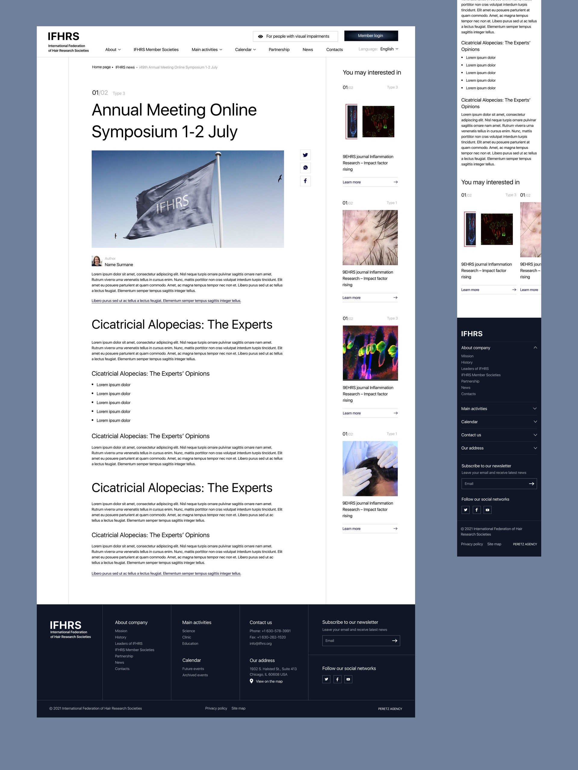IFHRS news article page with share buttons and related posts sidebar