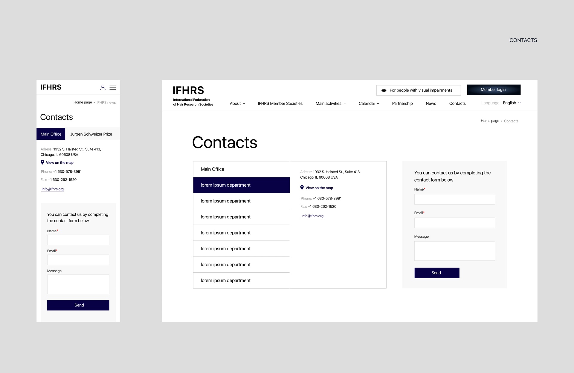 IFHRS contacts page with office addresses and contact form, desktop and mobile